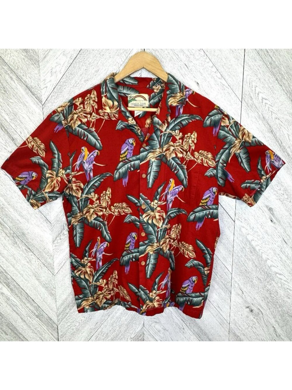 Vintage Paradise Found Magnum PI Hawaiian Shirt Mens Large Red Floral Bird